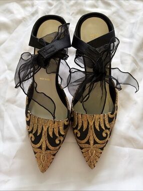 Something Bleu Black & Gold Embroidered Pointed-Toe Mules - Made in Italy